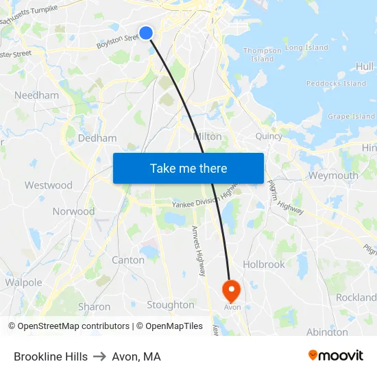 Brookline Hills to Avon, MA map