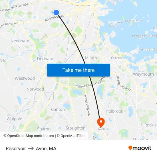 Reservoir to Avon, MA map