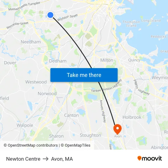 Newton Centre to Avon, MA map