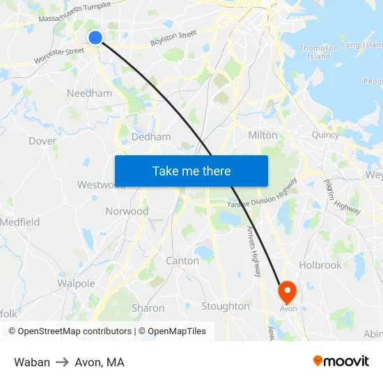 Waban to Avon, MA map