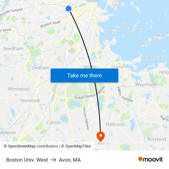 Boston Univ. West to Avon, MA map