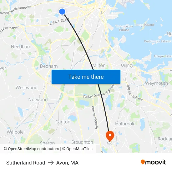 Sutherland Road to Avon, MA map