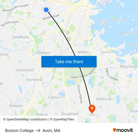 Boston College to Avon, MA map