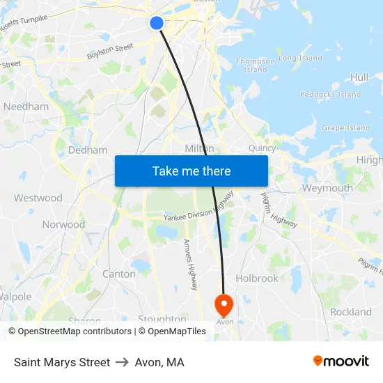 Saint Marys Street to Avon, MA map