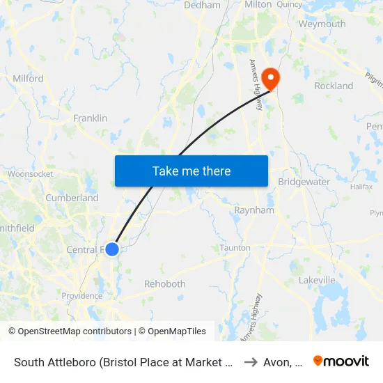 South Attleboro (Bristol Place at Market Basket) to Avon, MA map