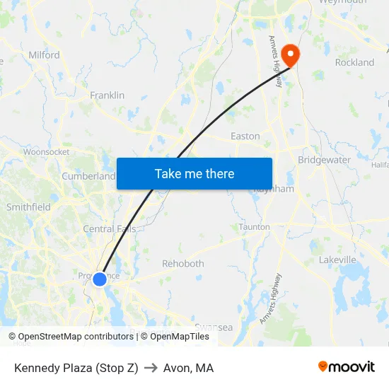 Kennedy Plaza (Stop Z) to Avon, MA map