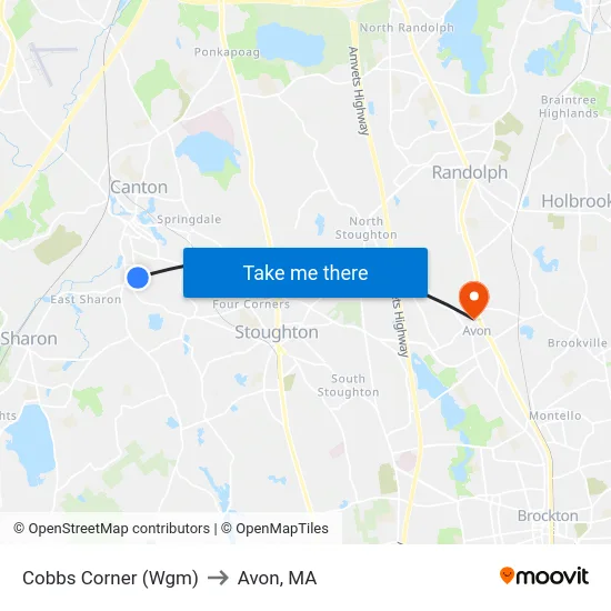 Cobbs Corner (Wgm) to Avon, MA map