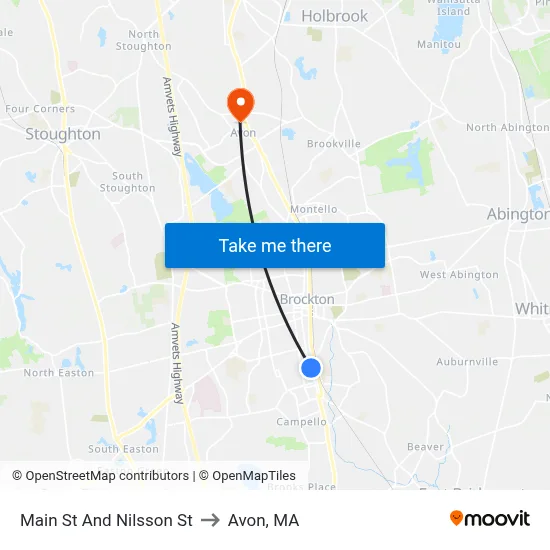 Main St And Nilsson St to Avon, MA map