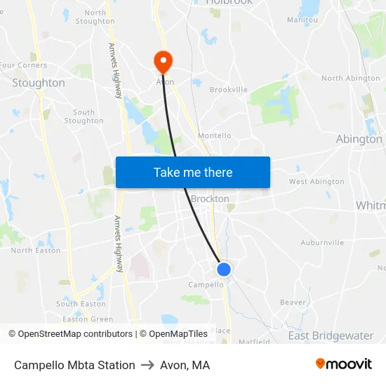 Campello Mbta Station to Avon, MA map