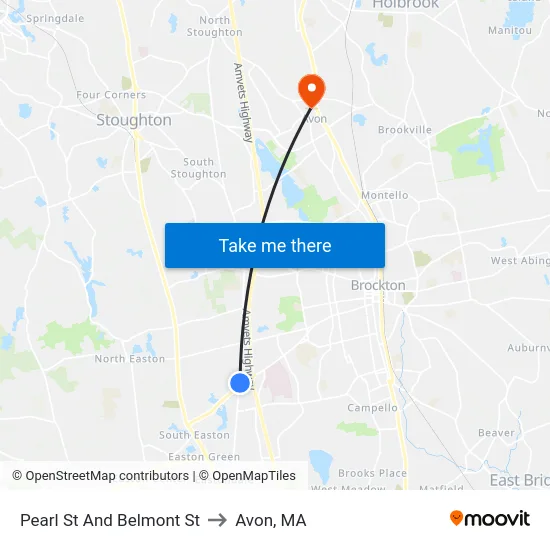 Pearl St And Belmont St to Avon, MA map