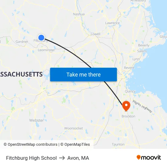 Fitchburg High School to Avon, MA map