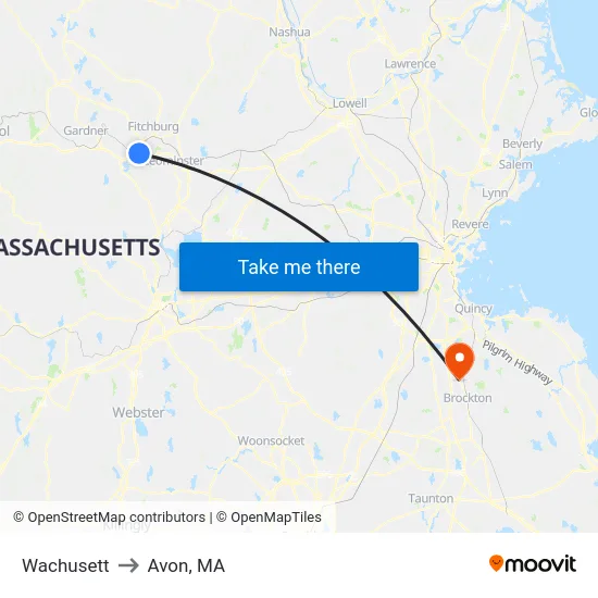 Wachusett to Avon, MA map