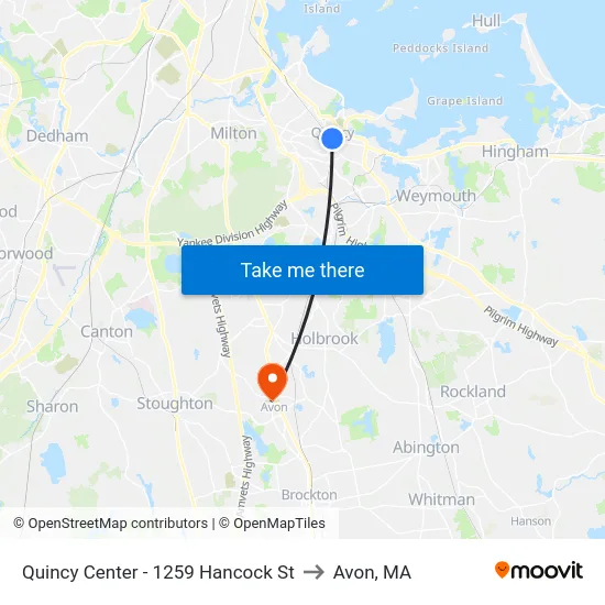 Quincy Center - 1259 Hancock St to Avon, MA map