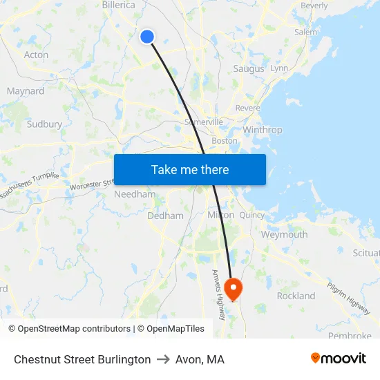 Chestnut Street Burlington to Avon, MA map
