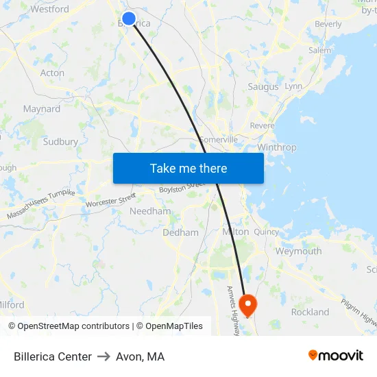 Billerica Center to Avon, MA map