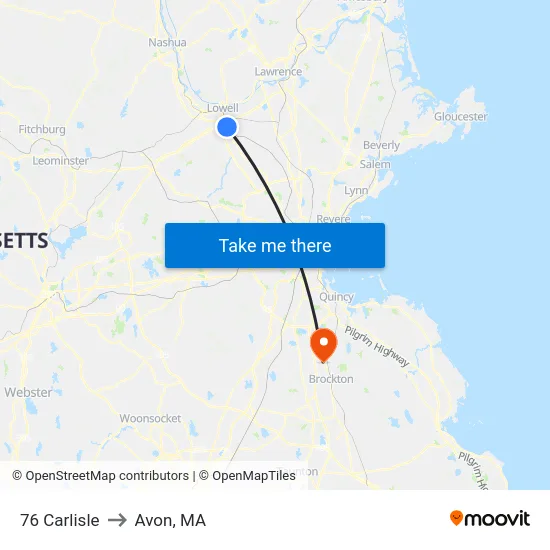 76 Carlisle to Avon, MA map