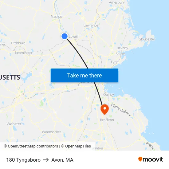 180 Tyngsboro to Avon, MA map