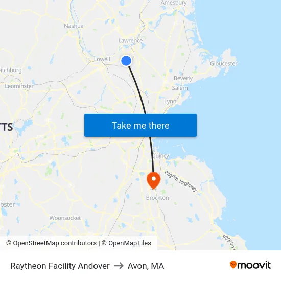 Raytheon Facility Andover to Avon, MA map