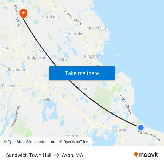 Sandwich Town Hall to Avon, MA map