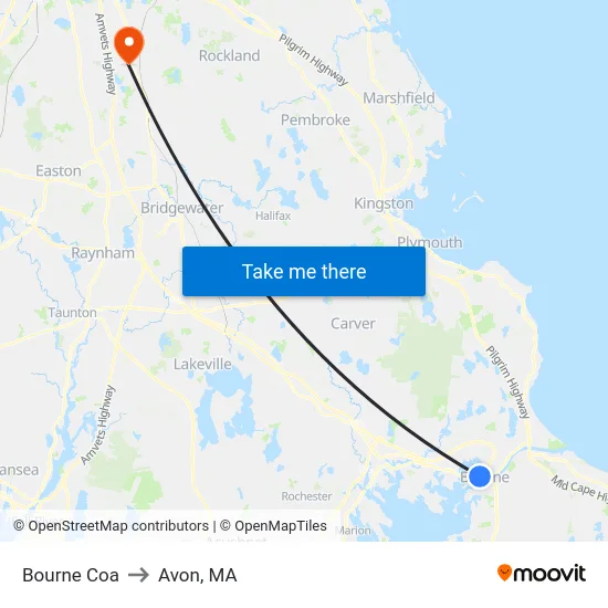 Bourne Coa to Avon, MA map