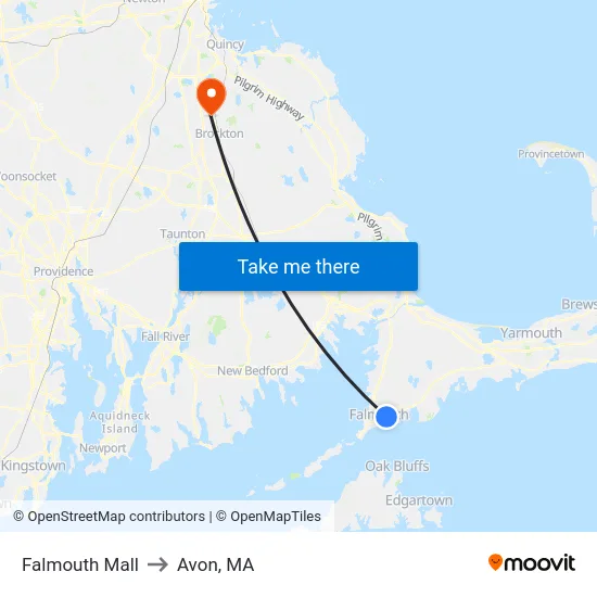 Falmouth Mall to Avon, MA map