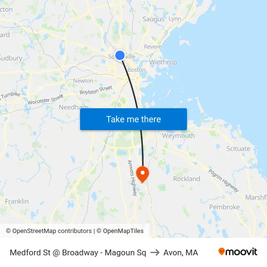 Medford St @ Broadway - Magoun Sq to Avon, MA map