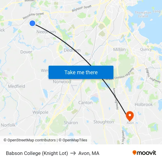 Babson College (Knight Lot) to Avon, MA map