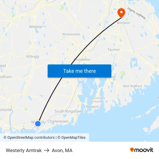 Westerly Amtrak to Avon, MA map