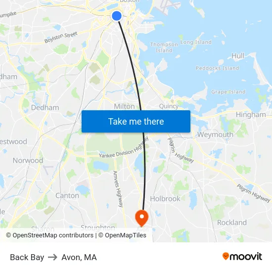 Back Bay to Avon, MA map