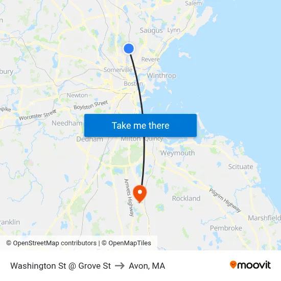 Washington St @ Grove St to Avon, MA map