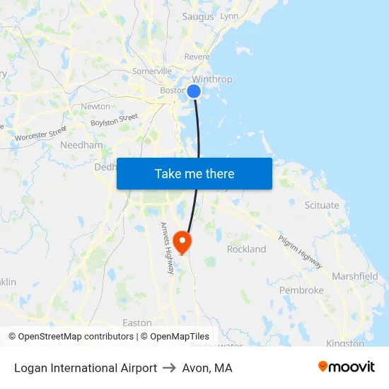 Logan International Airport to Avon, MA map
