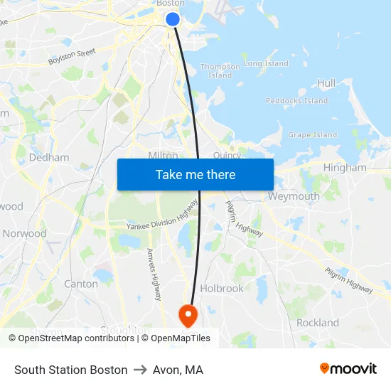 South Station Boston to Avon, MA map