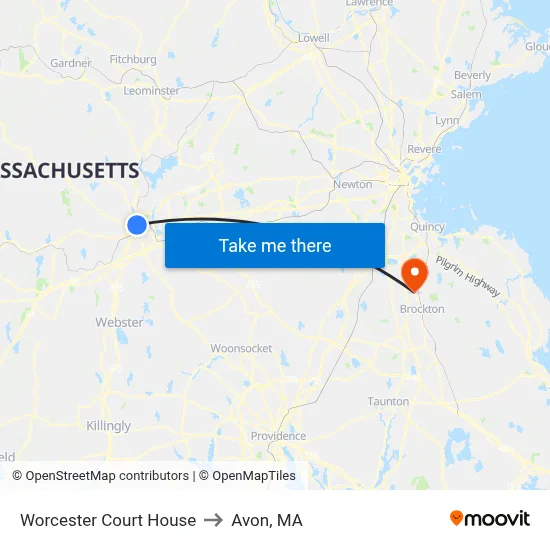 Worcester Court House to Avon, MA map