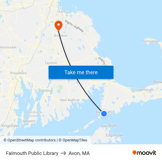 Falmouth Public Library to Avon, MA map