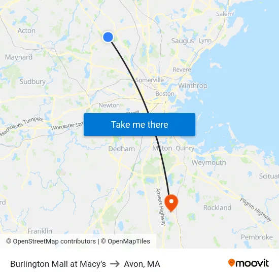 Burlington Mall at Macy's to Avon, MA map