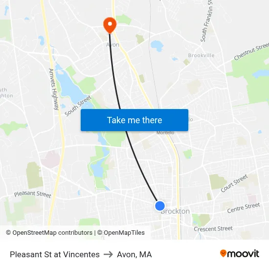 Pleasant St at Vincentes to Avon, MA map
