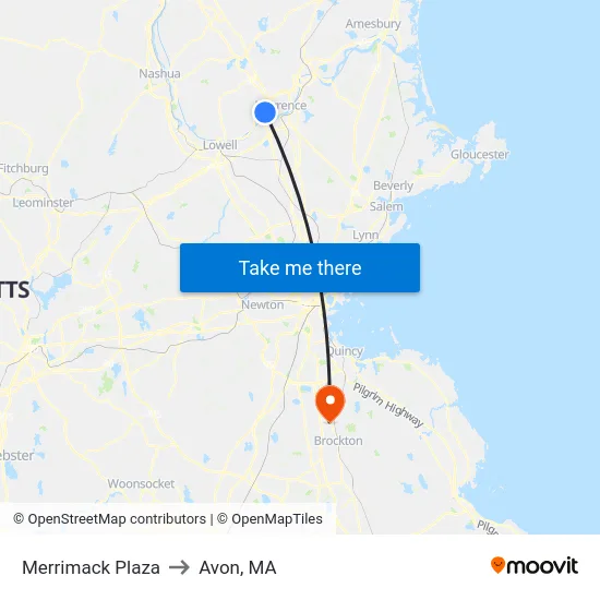 Merrimack Plaza to Avon, MA map