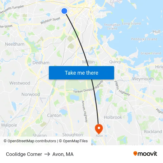Coolidge Corner to Avon, MA map