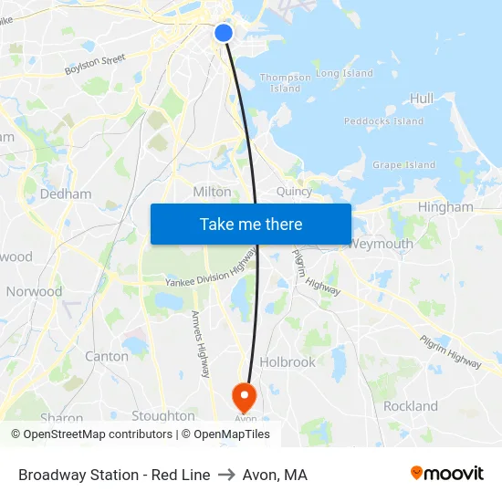 Broadway Station - Red Line to Avon, MA map