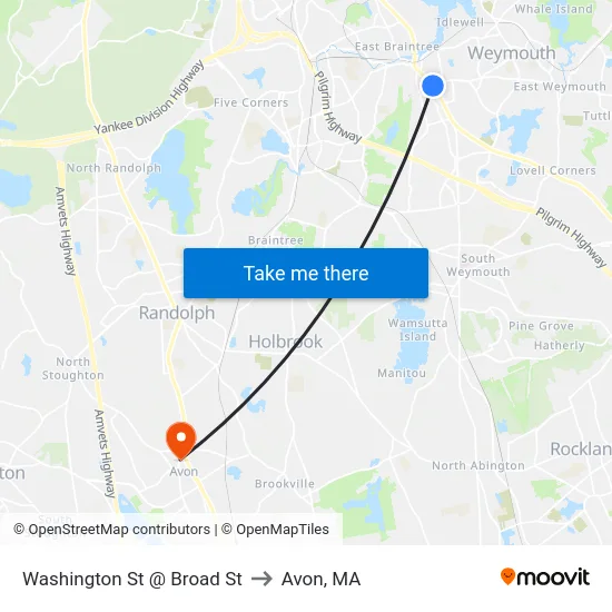 Washington St @ Broad St to Avon, MA map