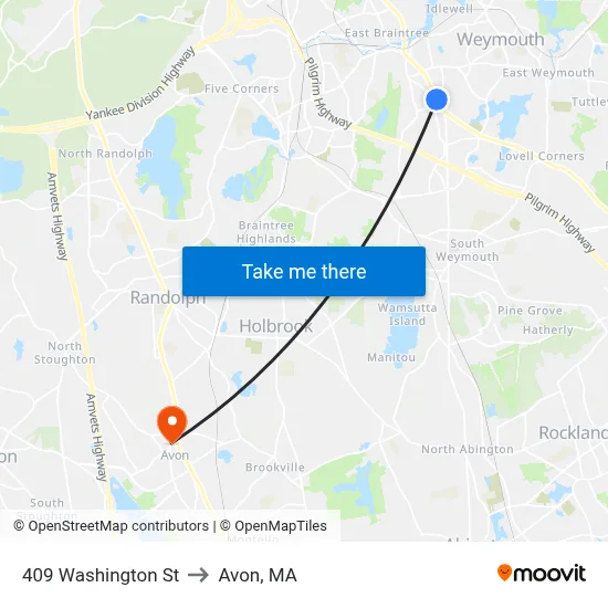 409 Washington St to Avon, MA map