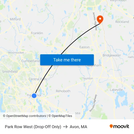 Park Row West (Drop-Off Only) to Avon, MA map