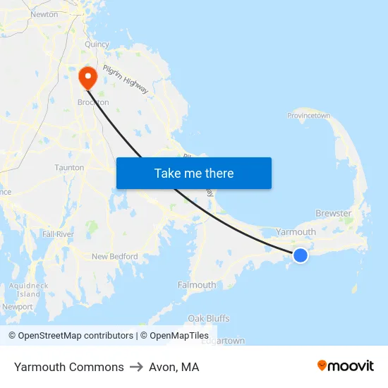 Yarmouth Commons to Avon, MA map