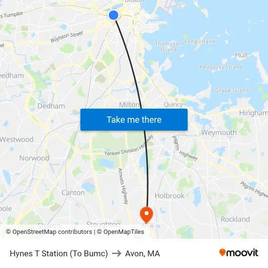 Hynes T Station (To Bumc) to Avon, MA map