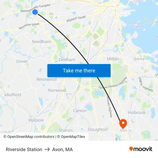 Riverside Station to Avon, MA map