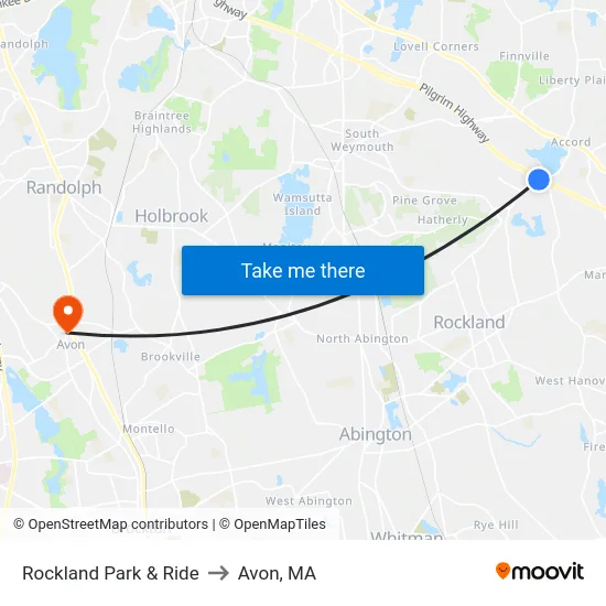 Rockland Park & Ride to Avon, MA map