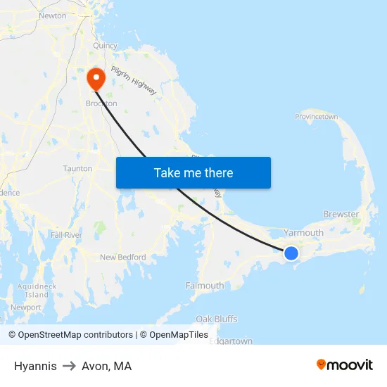 Hyannis to Avon, MA map