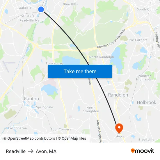 Readville to Avon, MA map