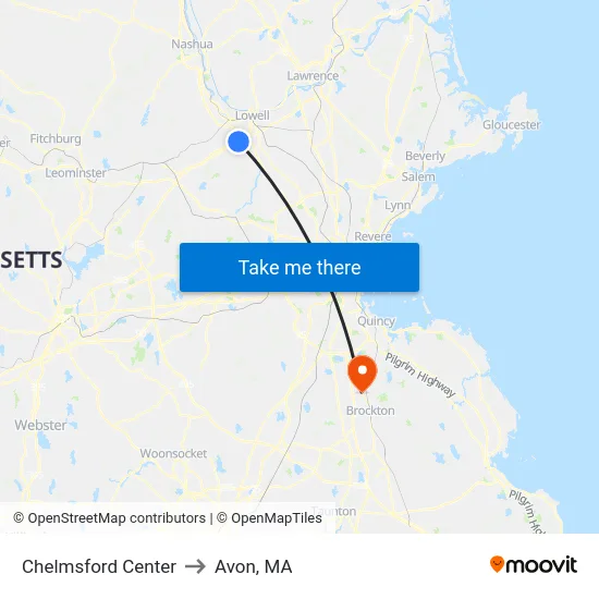 Chelmsford Center to Avon, MA map