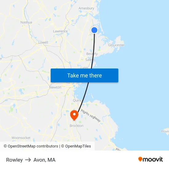 Rowley to Avon, MA map